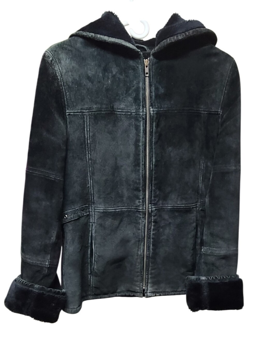 Vintage Y2K Braetan Faux Suede Shearling Hooded Jacket Coat Black Medium